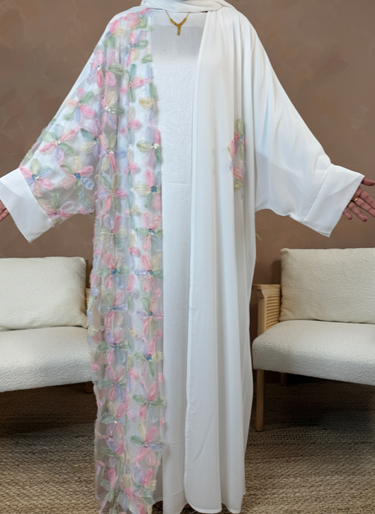 The Lulwa Abaya – White Floral Pink